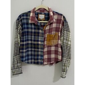 American Eagle Women's Cozy Cabin Cropped Patchwork Plaid Flannel Shirt